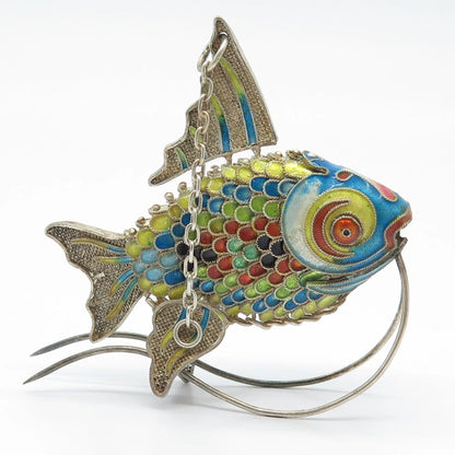 925 Sterling Silver Antique Enamel Chinese Fish Articulated Chatelaine Fob