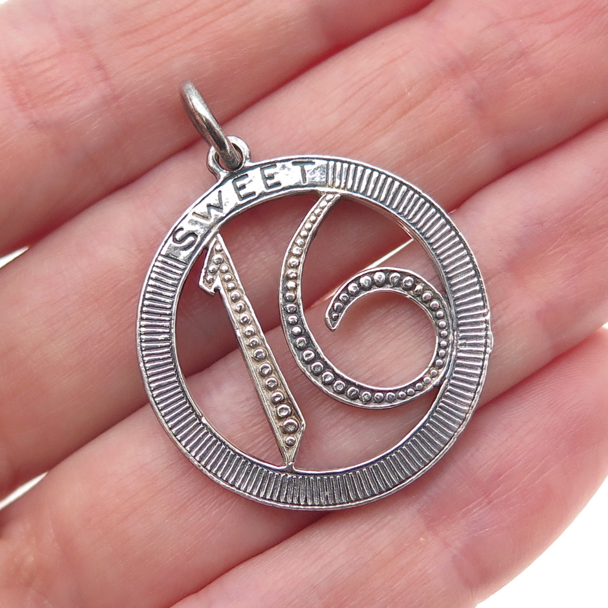 925 Sterling Silver Vintage Sweet 16 Oxidized Charm Pendant