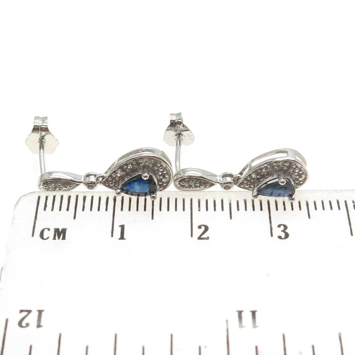 925 Sterling Silver Real Round-Cut Diamond & Pear-Cut Sapphire Dangling Earrings