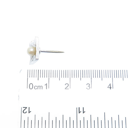 925 Sterling Silver Vintage Real Pearl Engraved Square Lapel Pin