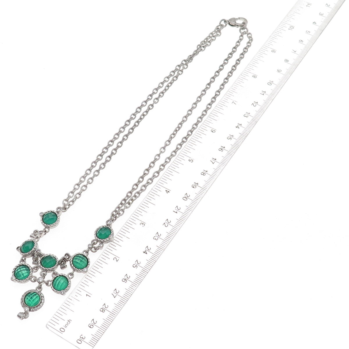 Judith Ripka 925 Sterling Silver Real Green Onyx & C Z Double Chain Necklace 18"