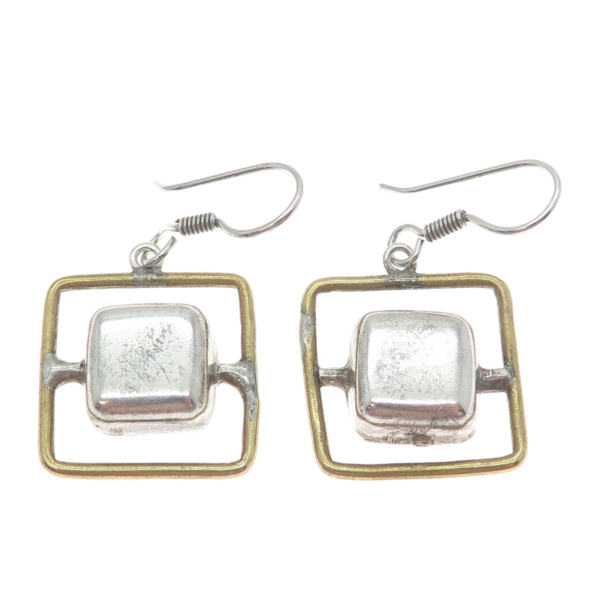 925 Sterling Silver 2-Tone Vintage Mexico Modernist Square Dangle Earrings