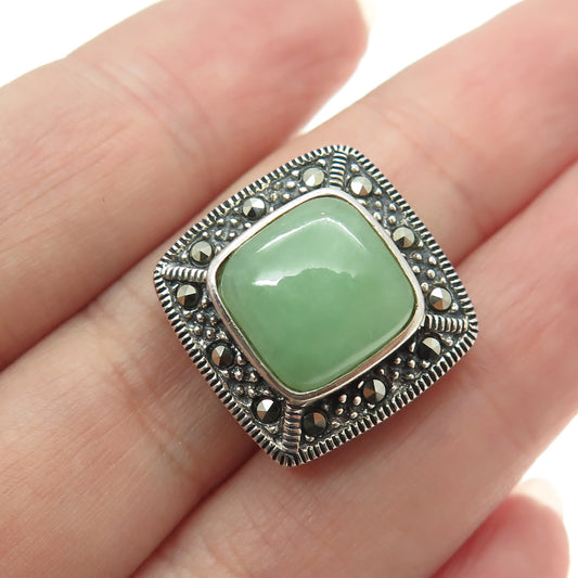 925 Sterling Silver Vintage Real Jade Marcasite Minimalist Cushion Slide Pendant