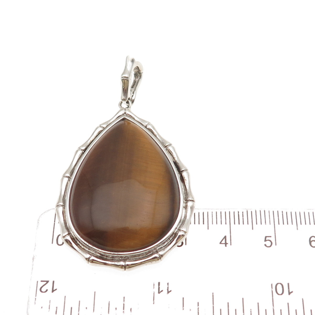 925 Sterling Silver Vintage Real Tiger Eye Bamboo Teardrop Pendant