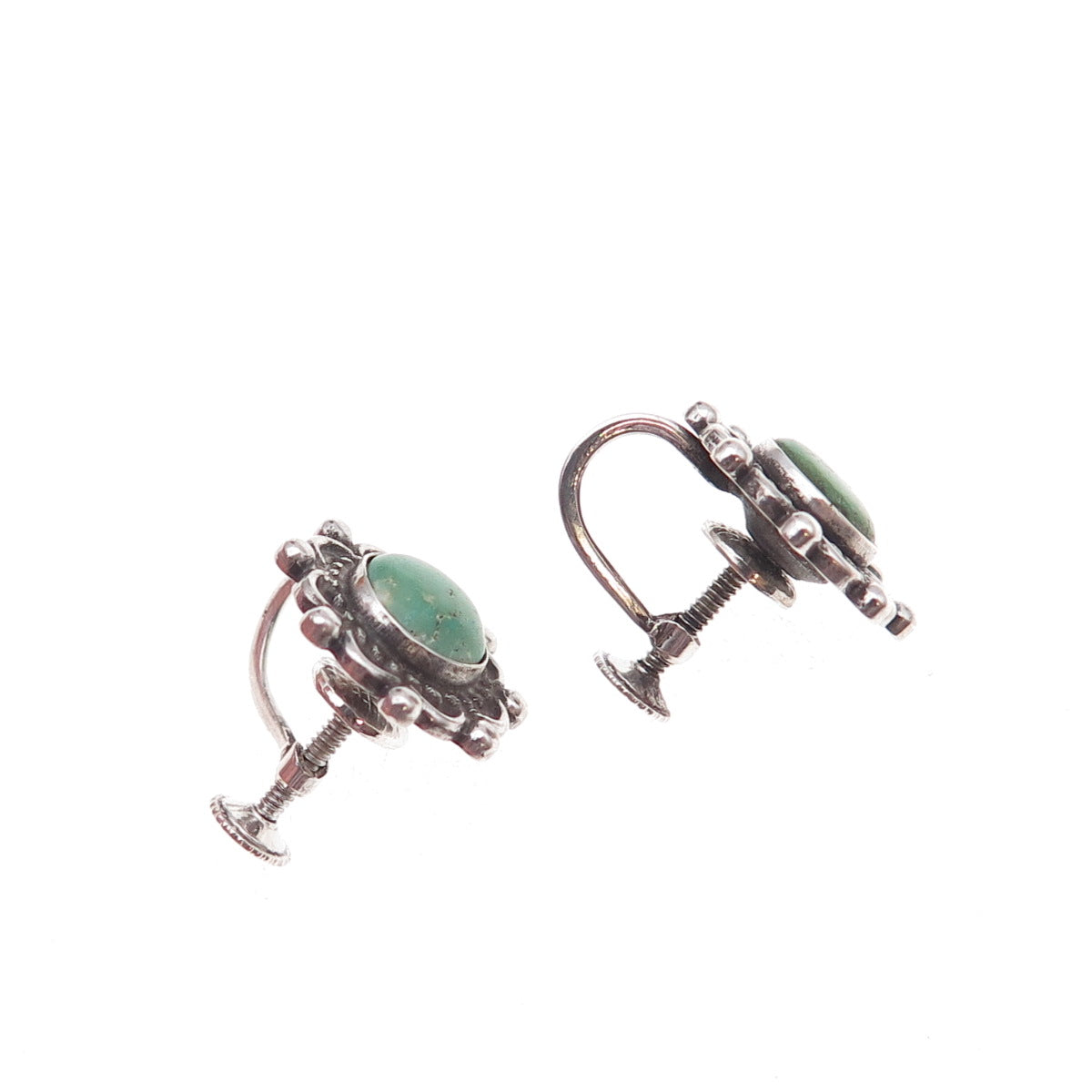 Old Pawn 925 Sterling Silver Vintage Turquoise Floral Tribal Screw Back Earrings