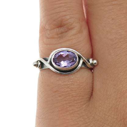 925 Sterling Silver Vintage Real Oval-Cut Amethyst Swirl Ring Size 3.75