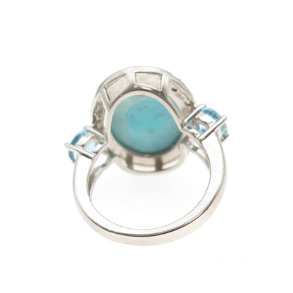 925 Sterling Silver Real Larimar White & Blue Topaz Ring Size 6.25