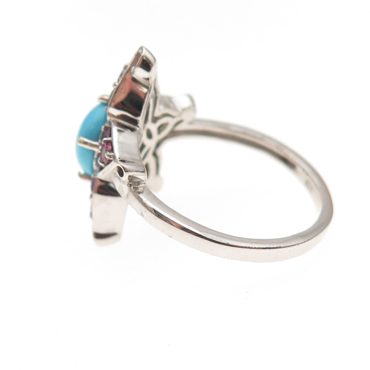 Chuck Clemency Sterling Silver Real Turquoise & Multi-Gem Floral Ring Size 8.25