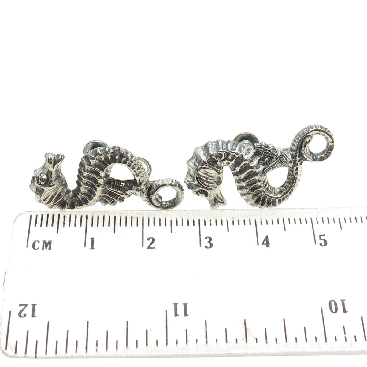 BEAU 925 Sterling Silver Antique Art Deco Seahorse Oxidized Screw Back Earrings