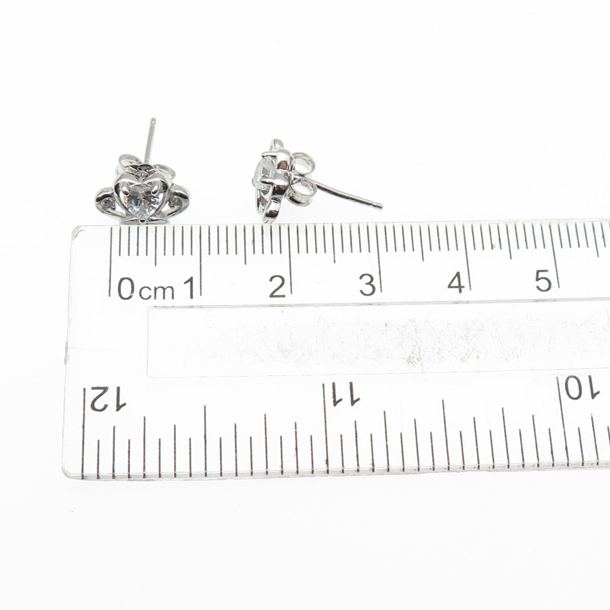 925 Sterling Silver Heart & Round-Cut C Z Tiara Stud Earrings