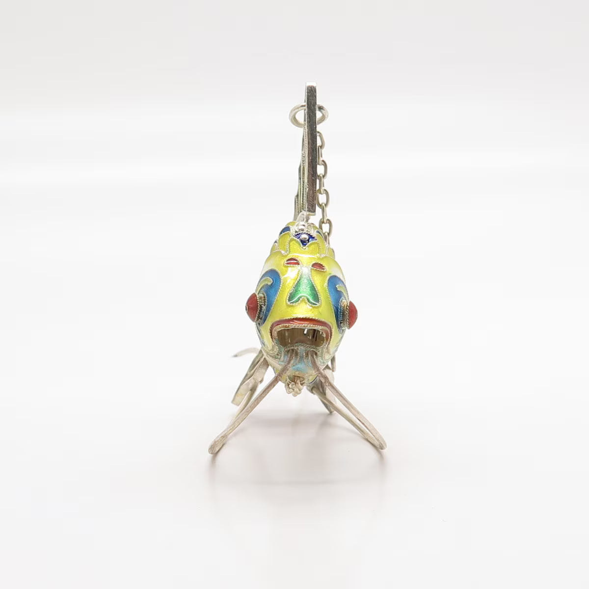 925 Sterling Silver Antique Enamel Chinese Koi Fish Articulated Chatelaine Fob