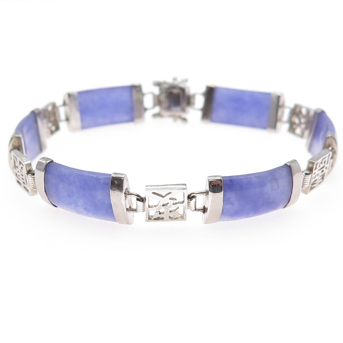 925 Sterling Silver Vintage Real Lavender Jade Chinese Character Bracelet 7.25"