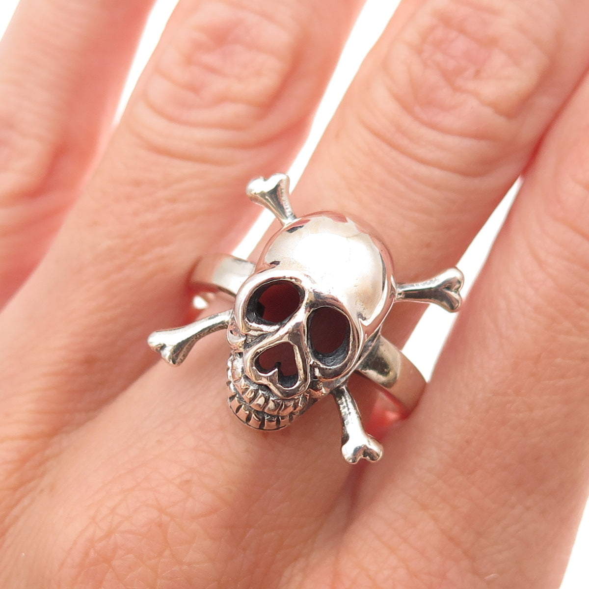 925 Sterling Silver Vintage Skull Crossbones Oxidized Biker Ring Size 10