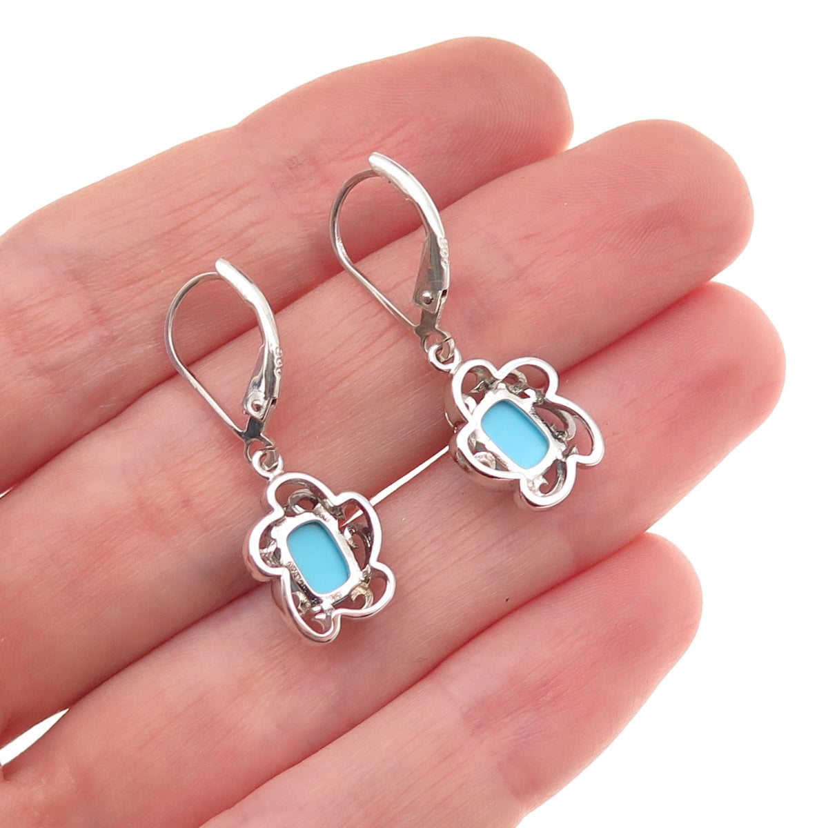 925 Sterling Silver Real Sleeping Beauty Turquoise Floral Dangle Earrings