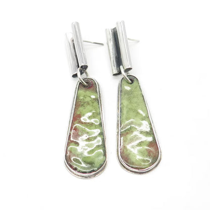 925 Sterling Silver Vintage Modernist Green Ceramic Dangling Earrings