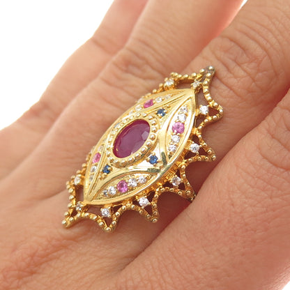 DSMK 925 Sterling Silver Gold Plated Real Sapphire Ruby & Topaz Ring Size 7.25