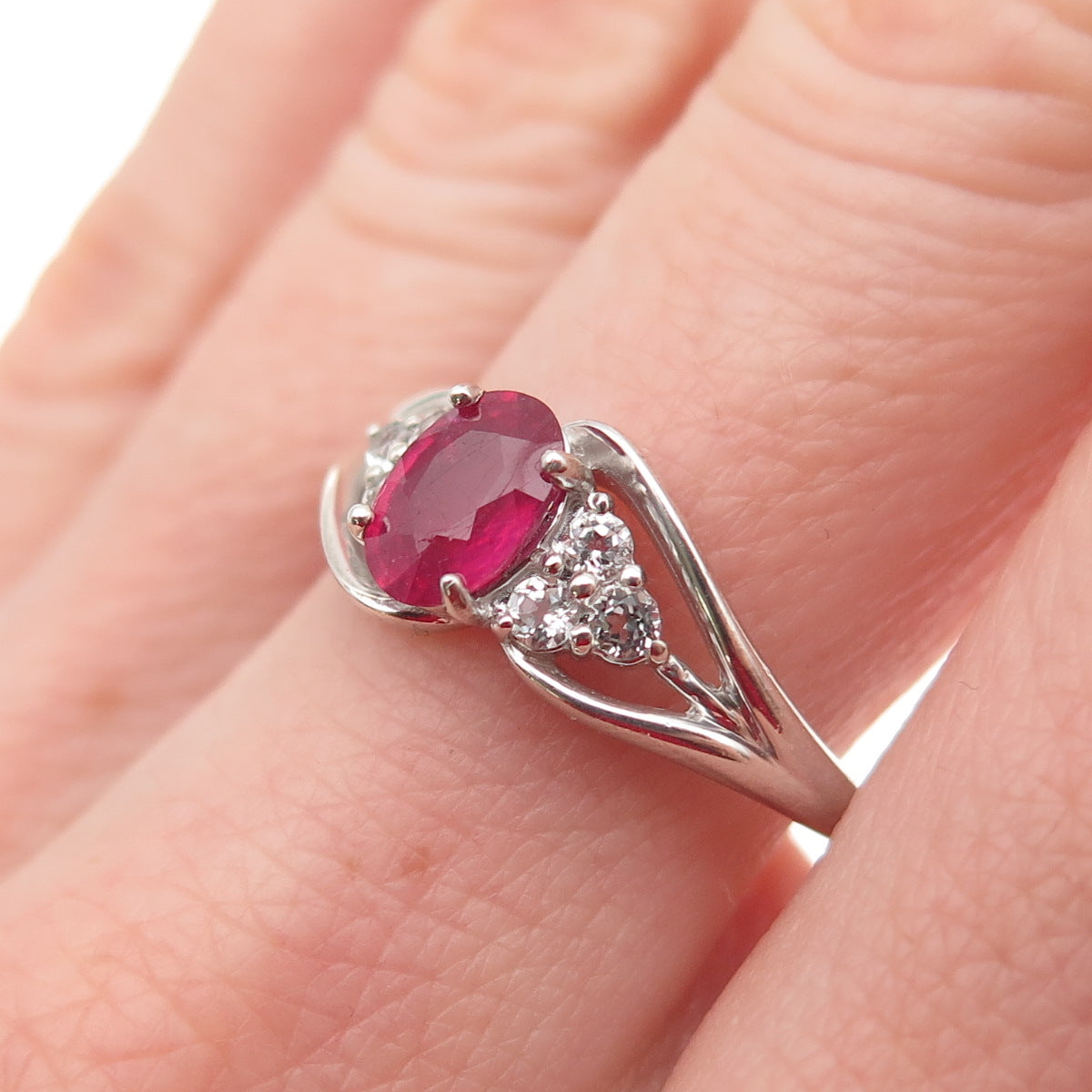Chuck Clemency 925 Sterling Silver Real Ruby & White Topaz Bypass Ring Size 8