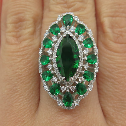 DSMK 925 Sterling Silver Marquise & Pear-Cut Nano Emerald & C Z Ring Size 7