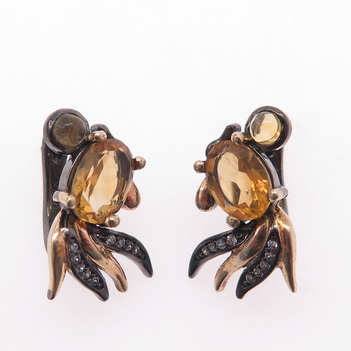 925 Sterling Silver Black Rhodium 2-Tone Vintage Real Citrine & C Z Earrings