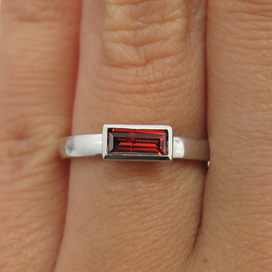 925 Sterling Silver Baguette-Cut Red C Z Ring Size 6.75