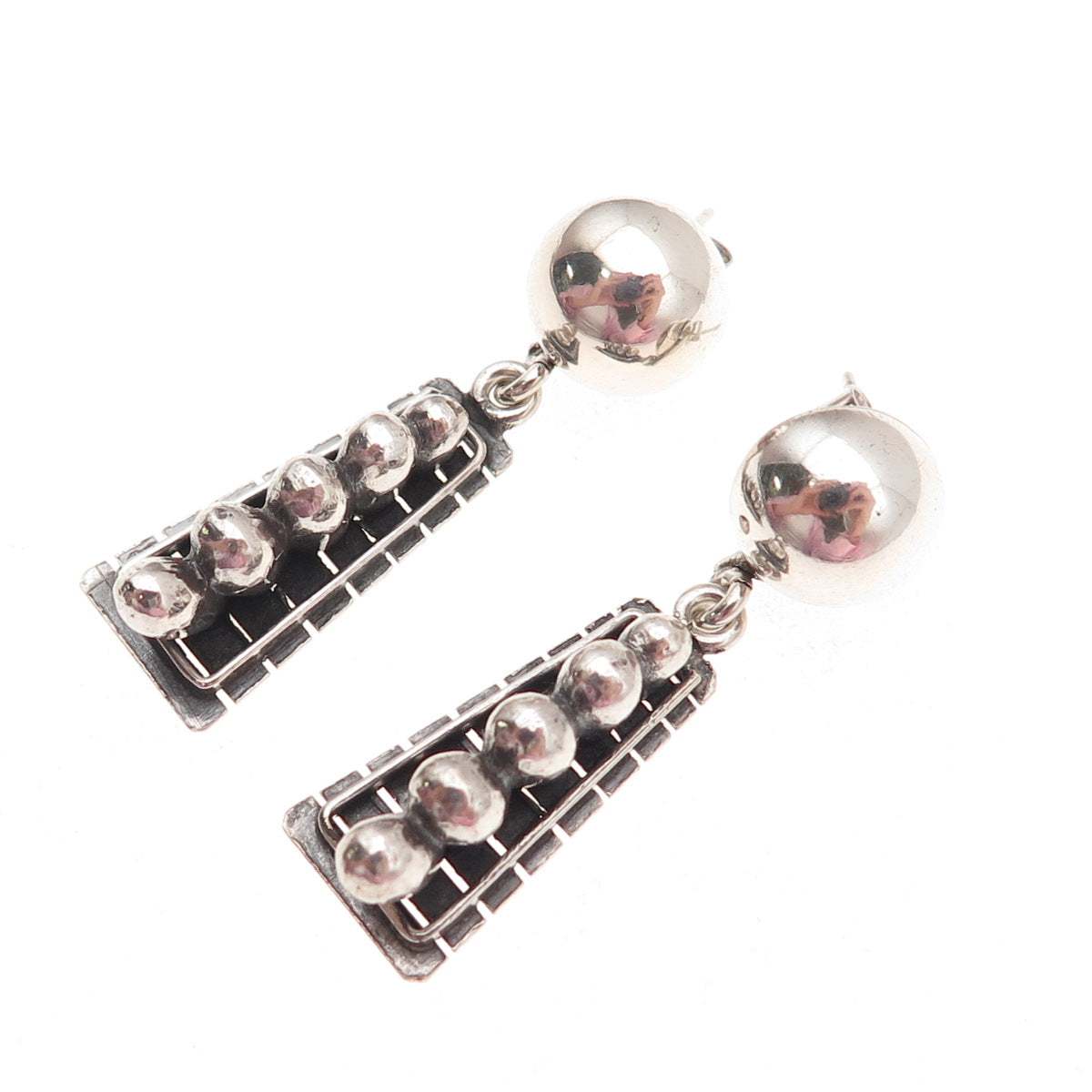 925 Sterling Silver Vintage Modernist Beaded Oxidized Dangle Earrings