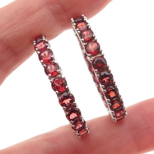 925 Sterling Silver Real Round-Cut Red Garnet In & Out Hoop Earrings