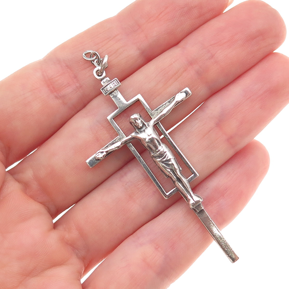 Creed 925 Sterling Silver Antique Art Deco Crucifix Cross Oxidized Charm Pendant