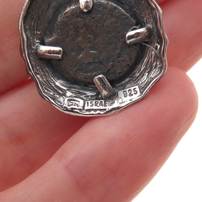 925 Sterling Silver Vintage Israel Ancient Coin Oxidized Charm Pendant