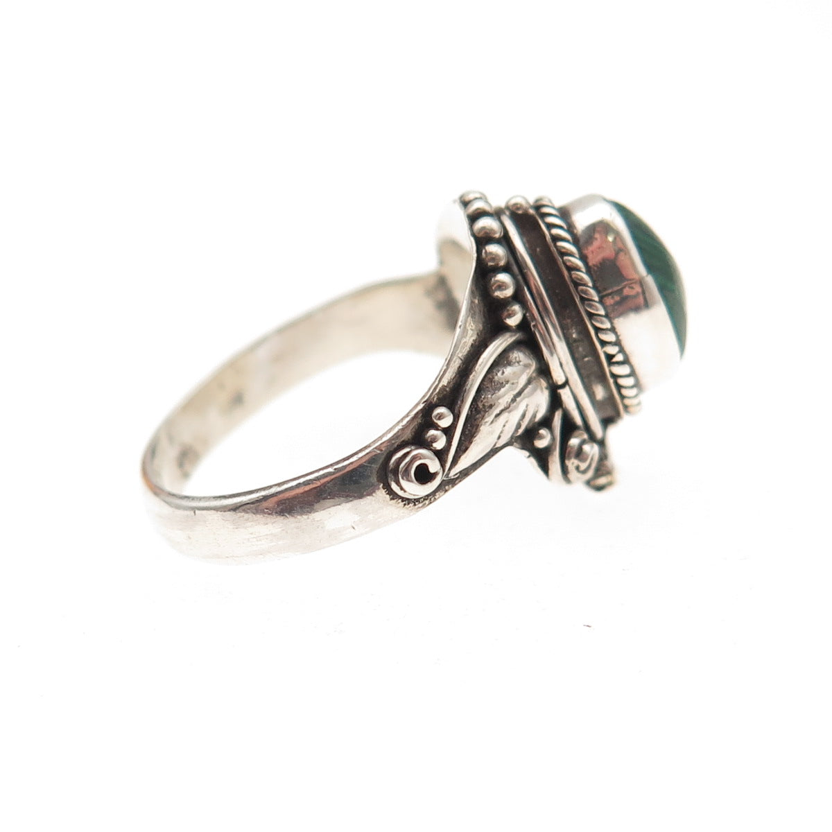 925 Sterling Silver Vintage Real Malachite Oxidized Poison Ring Size 4.75