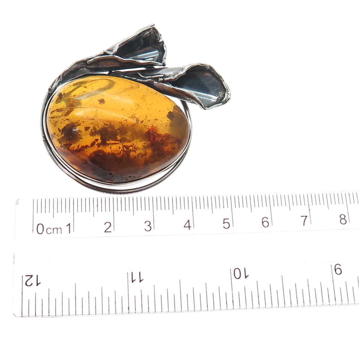 800 Silver Vintage Poland Real Amber Modernist Calla Lily Oxidized Pin Brooch