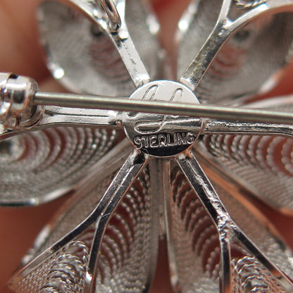 AM LEE Sterling Silver Antique Art Deco Rhinestone Flower Filigree Pin Brooch