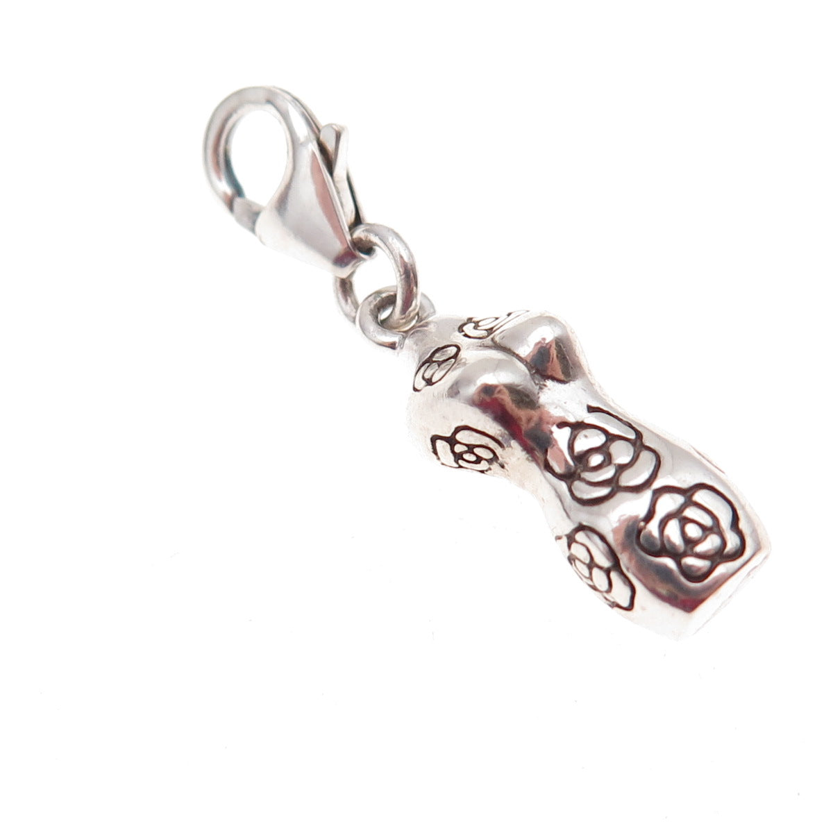 925 Sterling Silver Vintage Mannequin Rose Floral Lobster Lock Charm Pendant