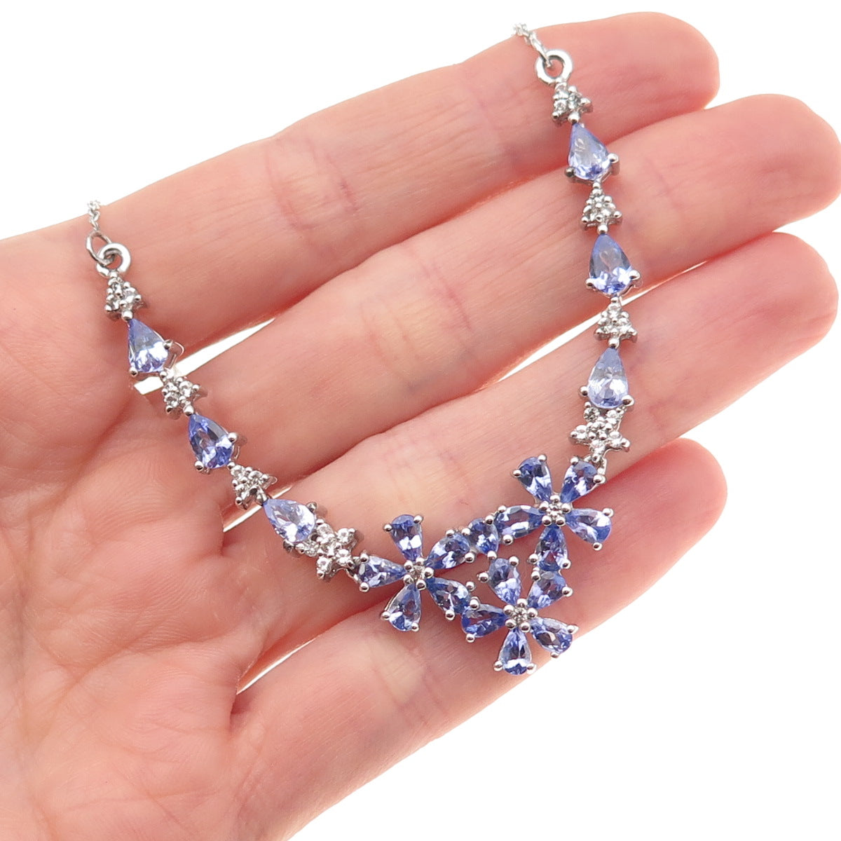 925 Sterling Silver Real Tanzanite & White Topaz Cable Chain Necklace 16-18"