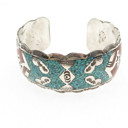 Indian Hand Made Jewelry Old Pawn Sterling Turquoise Coral Inlay Bracelet 6.25"