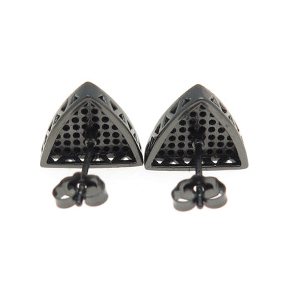 925 Sterling Silver Real Round-Cut Black Spinel Oxidized Triangle Earrings