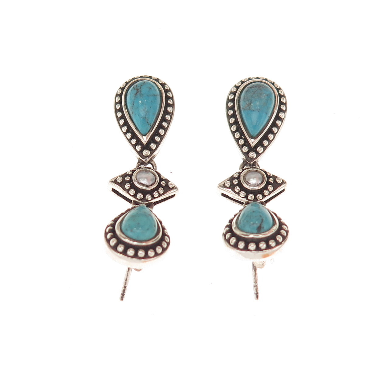 Whitney Kelly 925 Sterling Vintage Real Turquoise & Faux Pearl Dangle Earrings
