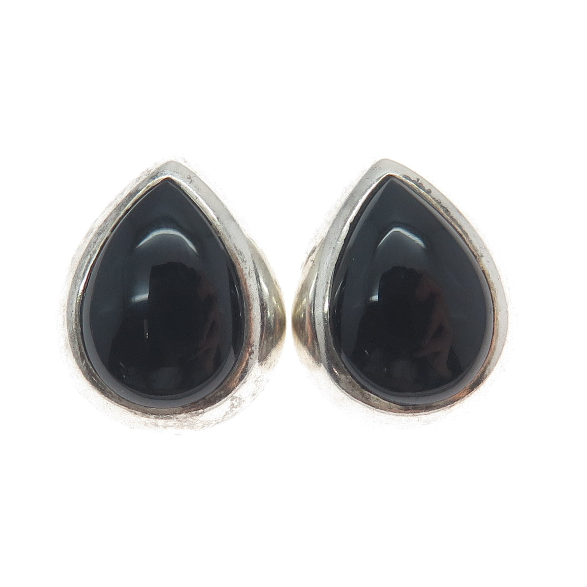 925 Sterling Silver Vintage Real Black Onyx Teardrop Omega Back Earrings