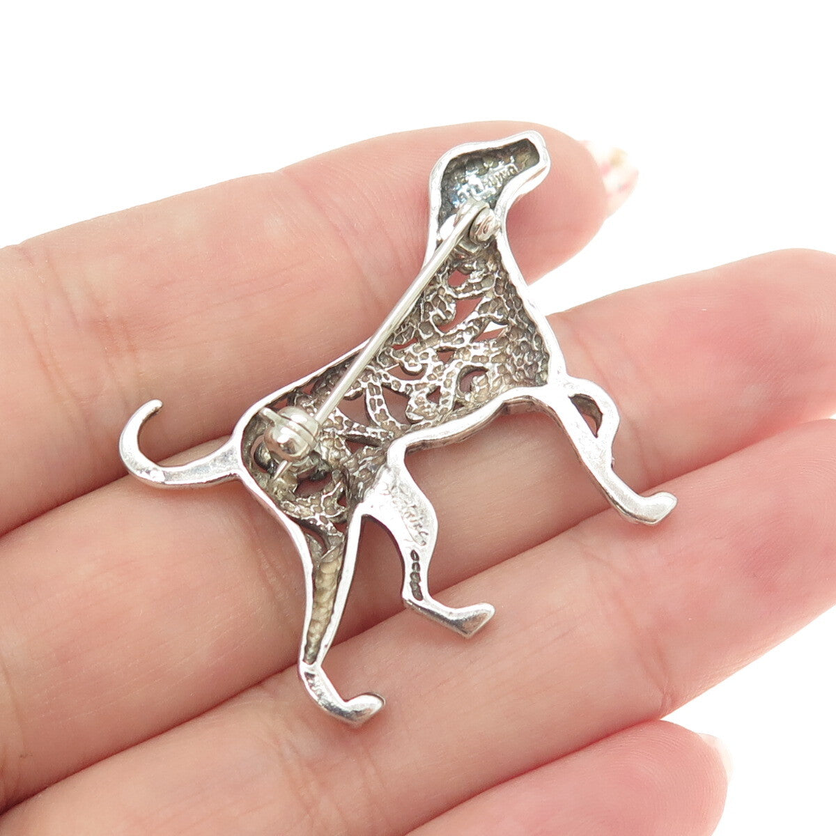 925 Sterling Silver Vintage Ornate Pointer Dog Pin Brooch