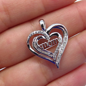 925 Sterling Silver SUN Real White Diamond "Mom" Double Heart Charm Pendant