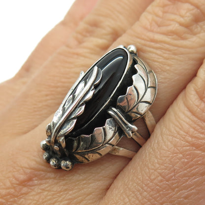 JAMES HARRISON NAVAJO Old Pawn Sterling Silver Black Onyx Feather Ring Size 8.75