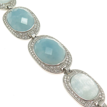 925 Sterling Silver Real Milky Aquamarine & C Z Bracelet 7.25"