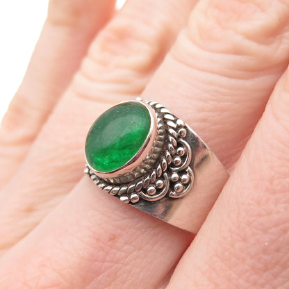 925 Sterling Silver Vintage Real Cabochon Jade Oxidized Ring Size 7.75