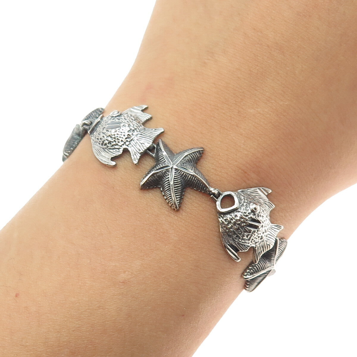 925 Sterling Silver Vintage Fish & Starfish Link Bracelet 7.75"