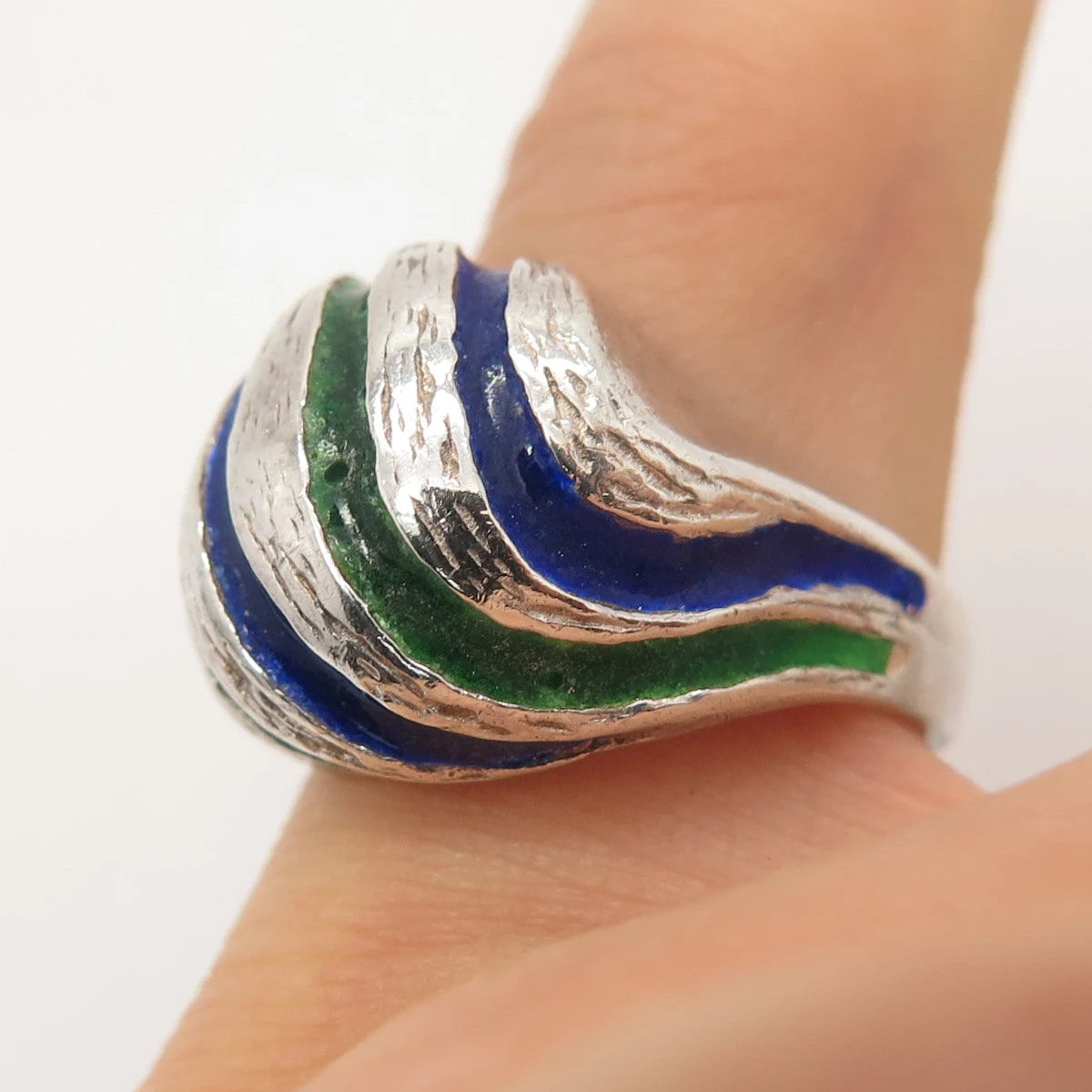 925 Sterling Silver Vintage Enamel Striped Domed Ring Size 6.25