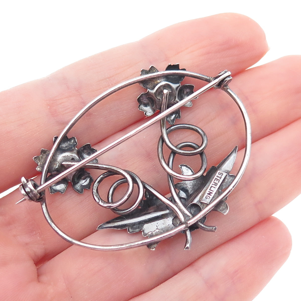 925 Sterling Silver Antique Art Deco Flower Oxidized Pin Brooch
