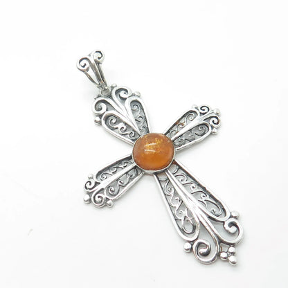 925 Sterling Silver Vintage Real Amber Filigree Religious Pendant