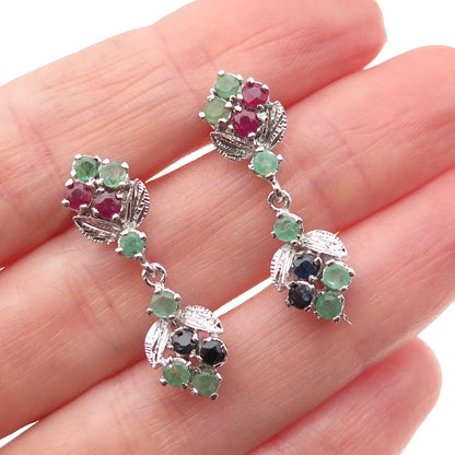 925 Sterling Silver Vintage Real Ruby Emerald & Sapphire Floral Dangle Earrings