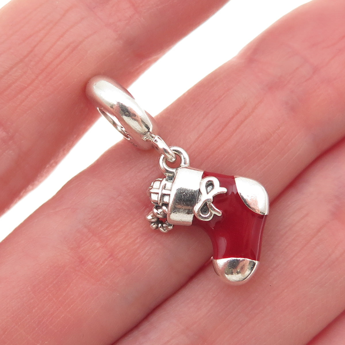 PANDORA 925 Sterling Silver Enamel 2017 Christmas Stocking Dangle Charm