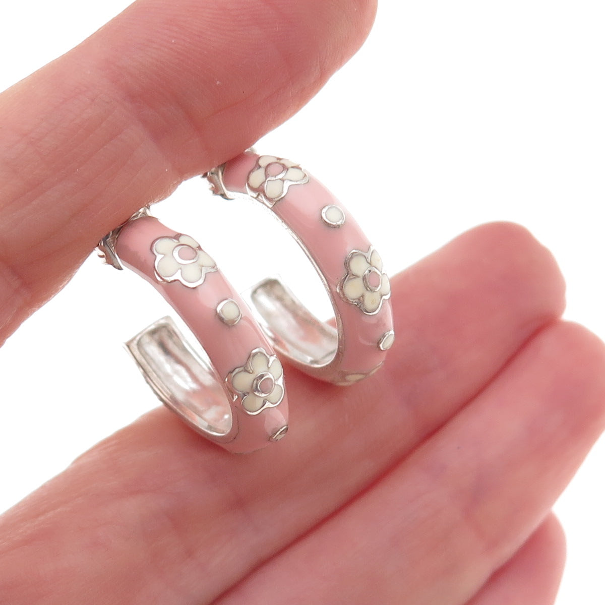 Silvio Hidalgo 925 Sterling Silver Vintage Enamel Floral Hoop Earrings