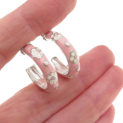 Silvio Hidalgo 925 Sterling Silver Vintage Enamel Floral Hoop Earrings